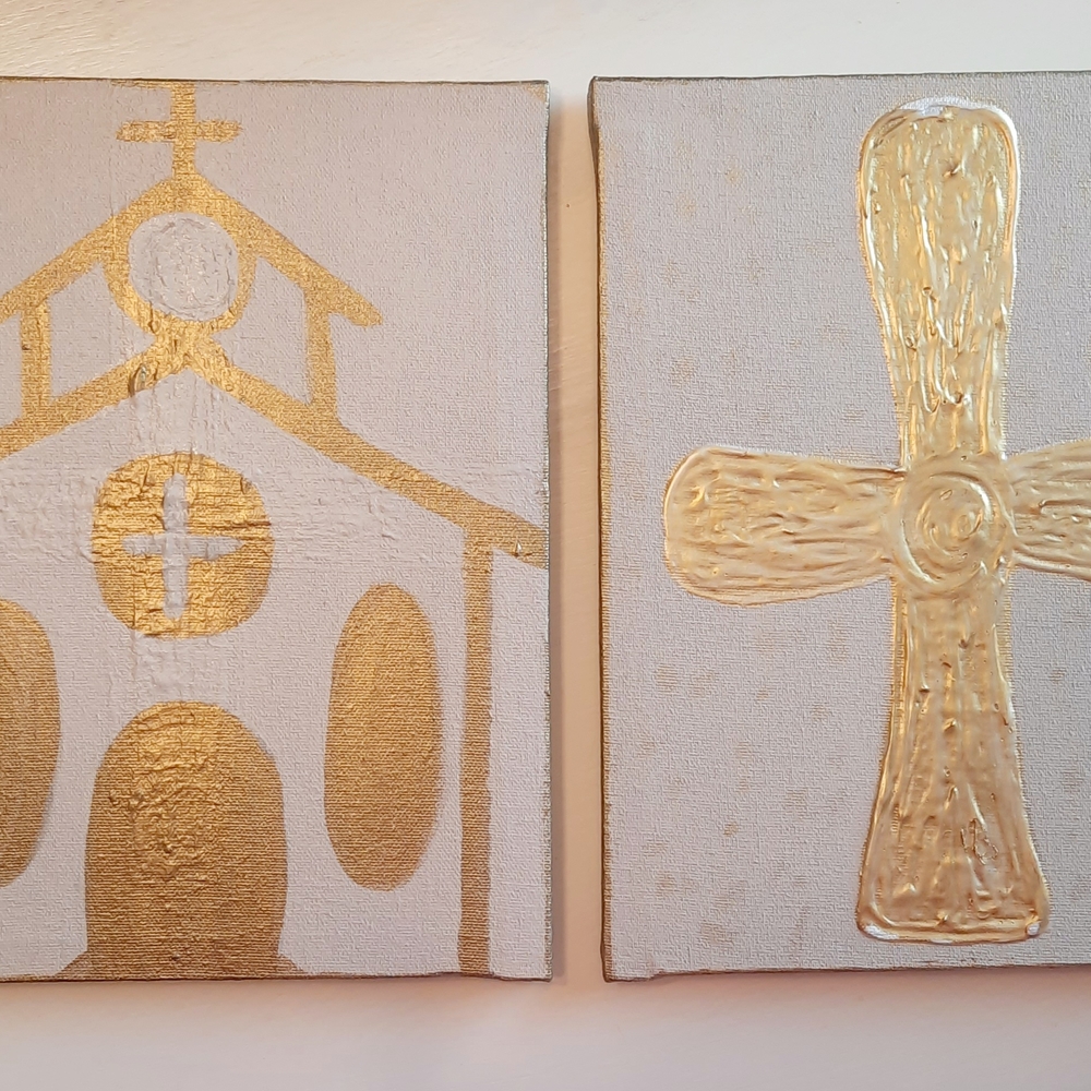 Set Of 2 Gold and Cream Religious Canvas Art Set